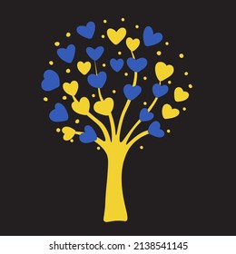 Abstract tree with blue and yellow hearts.