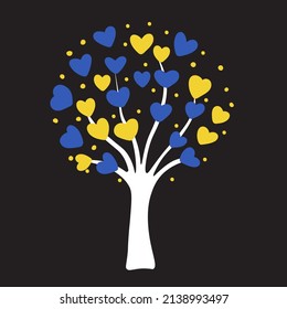 Abstract tree with blue and yellow hearts.