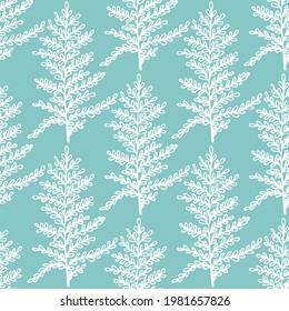 Rama de árbol abstracta o vectores de helecho sin costuras en colores menta y blanco. Ramas mínimas de helecho blanco sobre fondo de menta. Patrón inmaculado de hierbas aromáticas florales, diseño botánico impreso en tela.