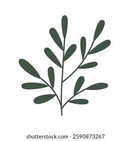 Abstract tree branch with leaves. Trendy tree branch isolated on white background. Vector icon. Flat design. Graphic print. Hand drawn leaf