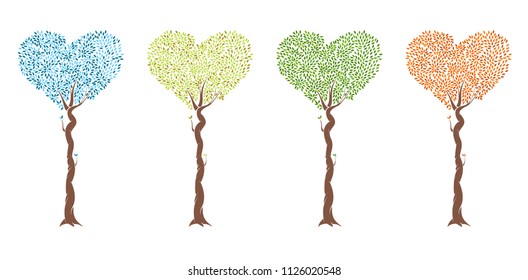 Abstract tree with branches and leafs growing into heart shape isolated on white background. Concept of four seasons of year. Vector illustration.