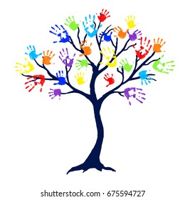 Abstract tree with bright and colorful family hand prints as leaves on white background. Vector illustration.