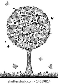 Abstract tree with butterflies, vector
