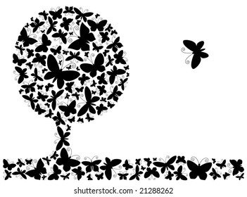 Abstract tree with butterflies. Vector.