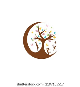 Abstract tree with cildren playing and colorful leaf. Vector illustration  