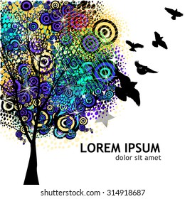 Abstract tree from circles with birds. Vector