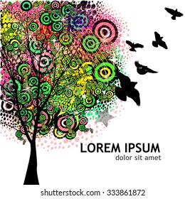 Abstract tree from circles with birds. Vector