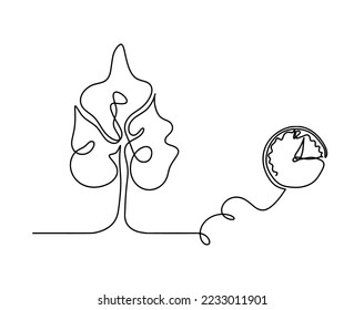 Abstract tree with clock as line drawing on the white background. Vector