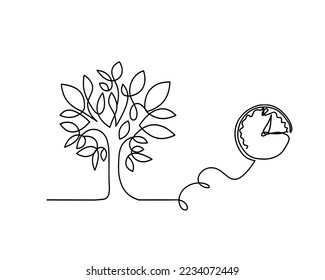 Árbol abstracto con reloj como plano de línea sobre el fondo blanco. Vector