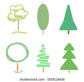 Abstract tree. Colorful christmas trees on white. Hand drawn objects