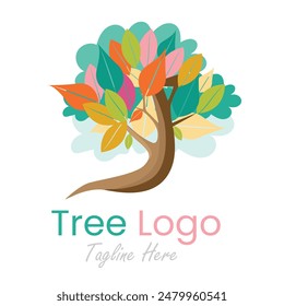 Abstract Tree with colorful leaves and brown bark logo vector illustration with dummy text on white background.