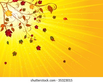 abstract tree with colorful leaves on a golden star burst background