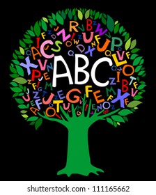 Abstract tree with colorful letters isolated on black background. Vector illustration
