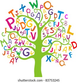 Abstract tree with colorful letters isolated on White background. Vector illustration