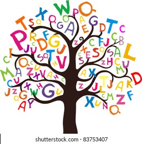 Abstract tree with colorful letters isolated on White background. Vector illustration