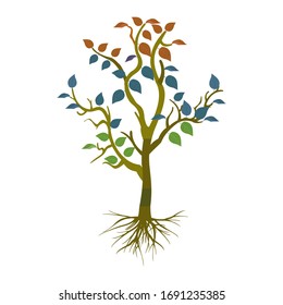 Abstract tree with colorful roots and leaves. Isolated against a white background. Vector illustration.