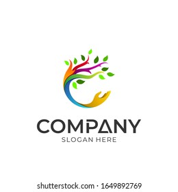 Abstract tree combined with hand vector logo design.
