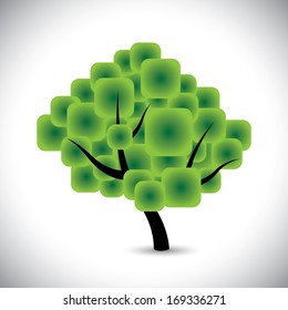 abstract tree concept vector with rounded squares as foliage. This graphic icon of a beautiful tree represents concepts like conservation, ecological balance, protect nature, etc