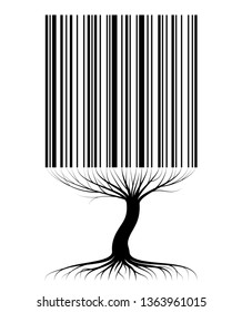 Abstract tree contour with roots and branches similar to a barcode. For an article on sales, business or ecology