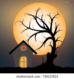 Abstract tree and cottage in dark night. Halloween background. Vector illustration.