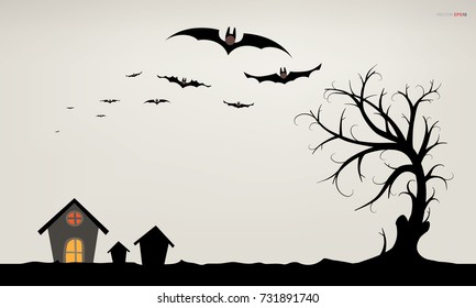 Abstract tree and cottage. Halloween background. Vector illustration.