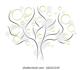 abstract tree created from black lines and gray balls and green circles