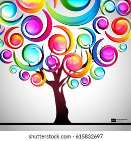 Abstract tree with crown made in of colorful spiral on a light background. Transparent colorful elements and circles design card.  Vector illustration.