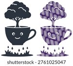 Abstract tree in cup with smiling face, raindrops falling, charming nature illustration.