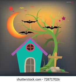 Abstract tree in dark night. Halloween background. Vector illustration.