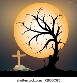 Abstract tree in dark night. Halloween background. Vector illustration.