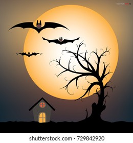 Abstract tree in dark night. Halloween background. Vector illustration.