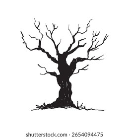 Abstract tree design in silhouette black brush stroke texture isolated on white. Hand drawn vector sketch illustration in vintage charcoal ink. Mystery Halloween design, gothic design, tattoo