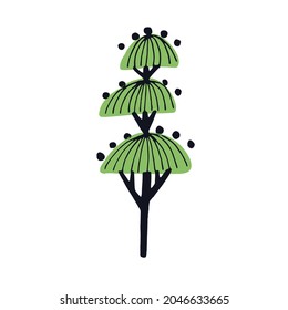 Abstract tree drawn in simple doodle style. Primitive childrens drawing of woods plant with leaves, branches and trunk. Naive botanical flat vector illustration isolated on white background