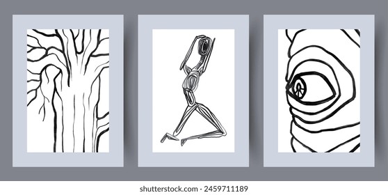 Abstract tree eye human wall art print. Set, bundle. Wall artwork for interior design. Printable minimal abstract tree poster. Contemporary decorative background with human.