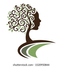 abstract tree with female face, vector logo icon