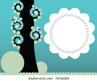 abstract tree with flowers and birds on blue background