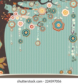 Abstract tree with flowers and birds. Vector illustration