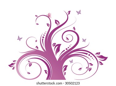 Abstract Tree with Flying Butterfly - Vector Background
