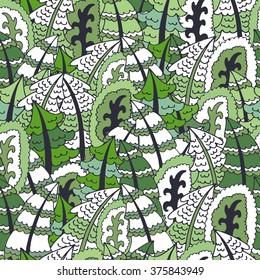 Abstract tree forest seamless pattern background in cartoon doodle style, green and white colors