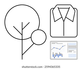 Abstract tree, formal shirt collar, and digital graph with data points. Ideal for nature, fashion, business, tech, sustainability, growth, simplicity Line metaphor