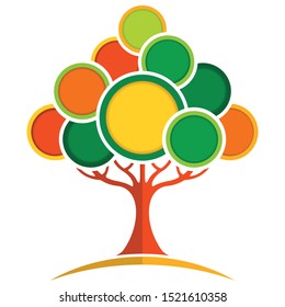 Abstract tree formed by red trunk and green, orange and red circles on white background. Vector image