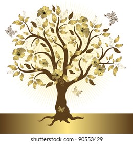 Abstract tree with gold leaves and flowers and butterflies (vector)