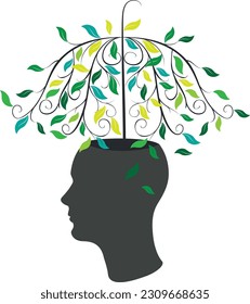 Abstract tree with green leaves glowing from human head illustration.