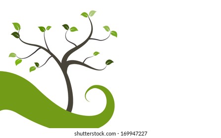 Abstract tree with green leaves with abstract grass on a white background