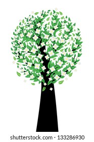 Abstract tree with green leaves and white blossom.