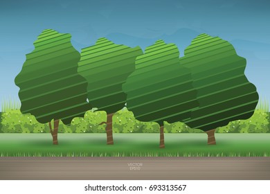 Abstract tree in green natural area with blue sky. View from wooden terrace. Vector illustration.