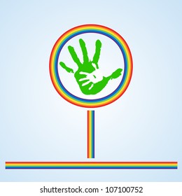 Abstract tree from green print of hand and a rainbow