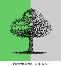 Abstract tree half green leave and black dry branch, spring autumn hand drawn vector illustration design