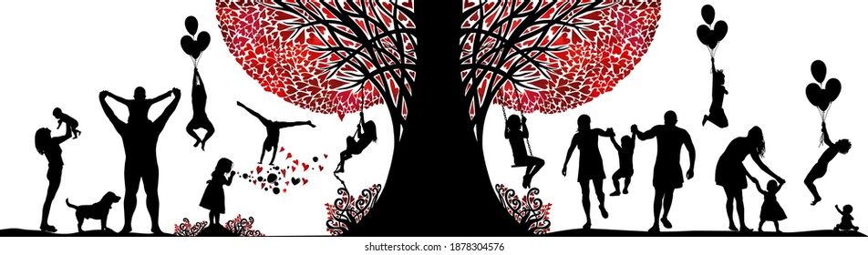 Abstract Tree with Hearts. Family Outdoors. Vector illustration
