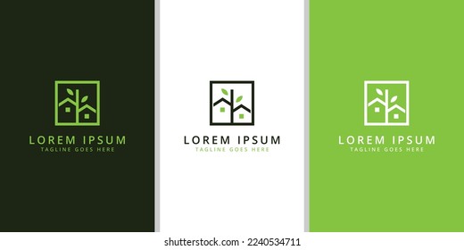 Abstract tree house logo design template with modern line art style Premium Vector design